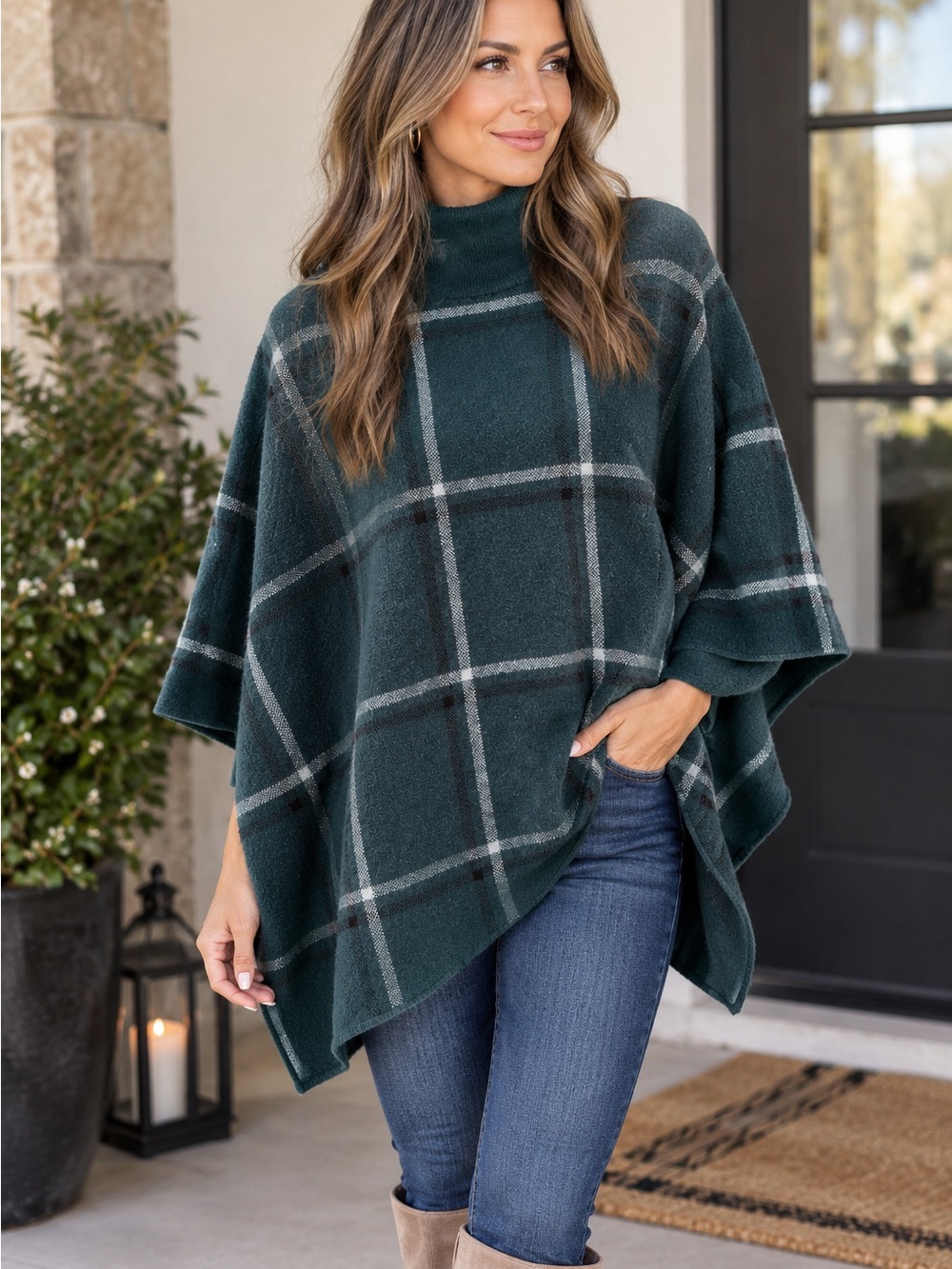 Max Studio green and blue plaid mock-neck poncho sweater fall holiday classy OS